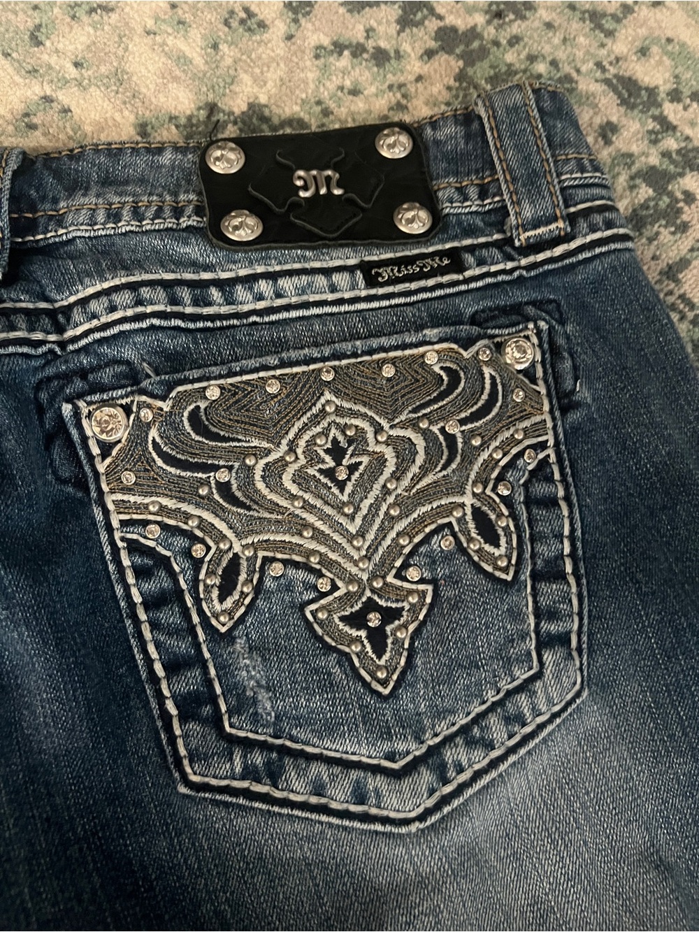 Vintage Y2K Miss Me Women Fleur Blue Bootcut Low Rise Jeans Petite 31 Rhinestone